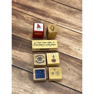 SET OF 7 HOLIDAY THEMED WOOD MOUNTED RUBBER STAMPS PEACE SANTA HAT SNOWFLAKE